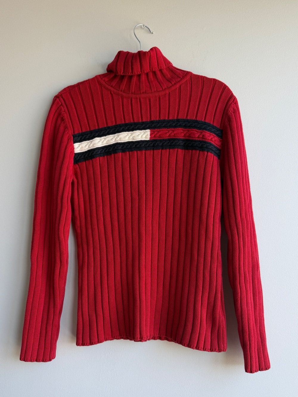 Vtg Tommy Hilfiger Jeans size Large Color Block Ribbed Fitted Turtleneck Sweater